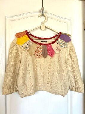 Honeybea Upcycled Cream Wool Fisherman Sweater with Quilt Collar